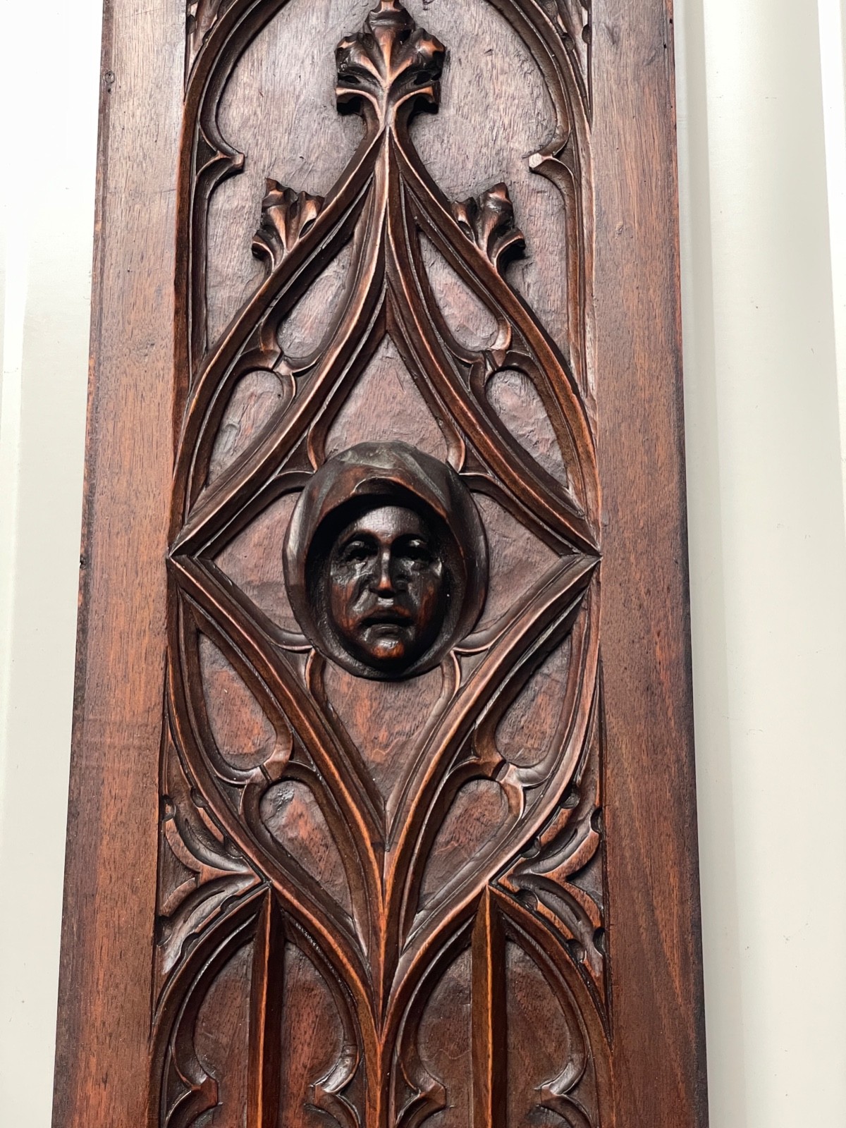 Exceptional Walnut Gothic Revival panel with face 25.19 inch high