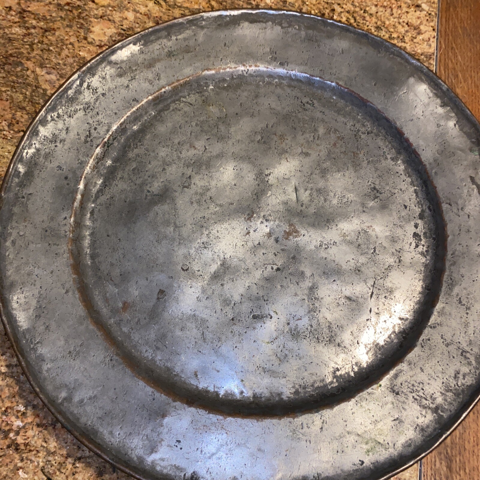 18th C Antique ENGLISH PEWTER CHARGER GREAT Copper Aged Patina