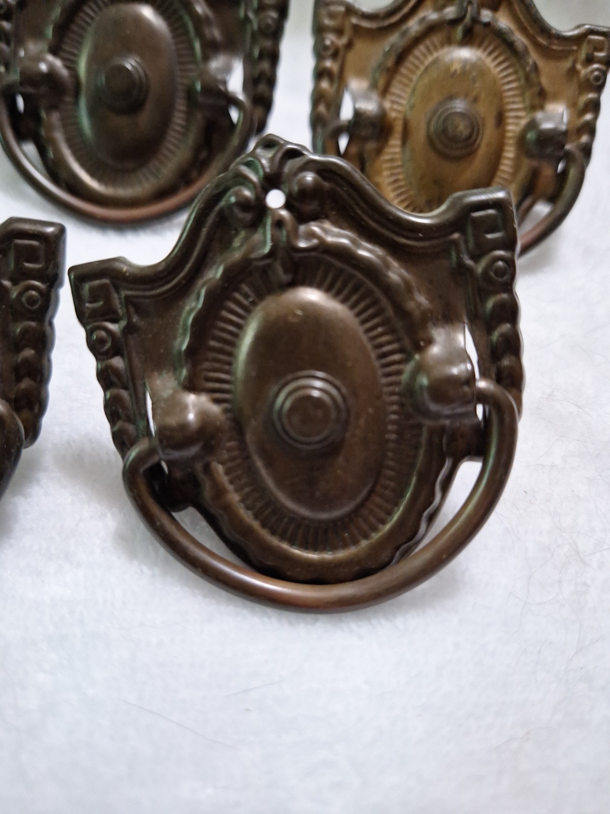 Lot of 6 Vintage Antique Brass Finish Shield Drawer Pulls Bail Ring Handles