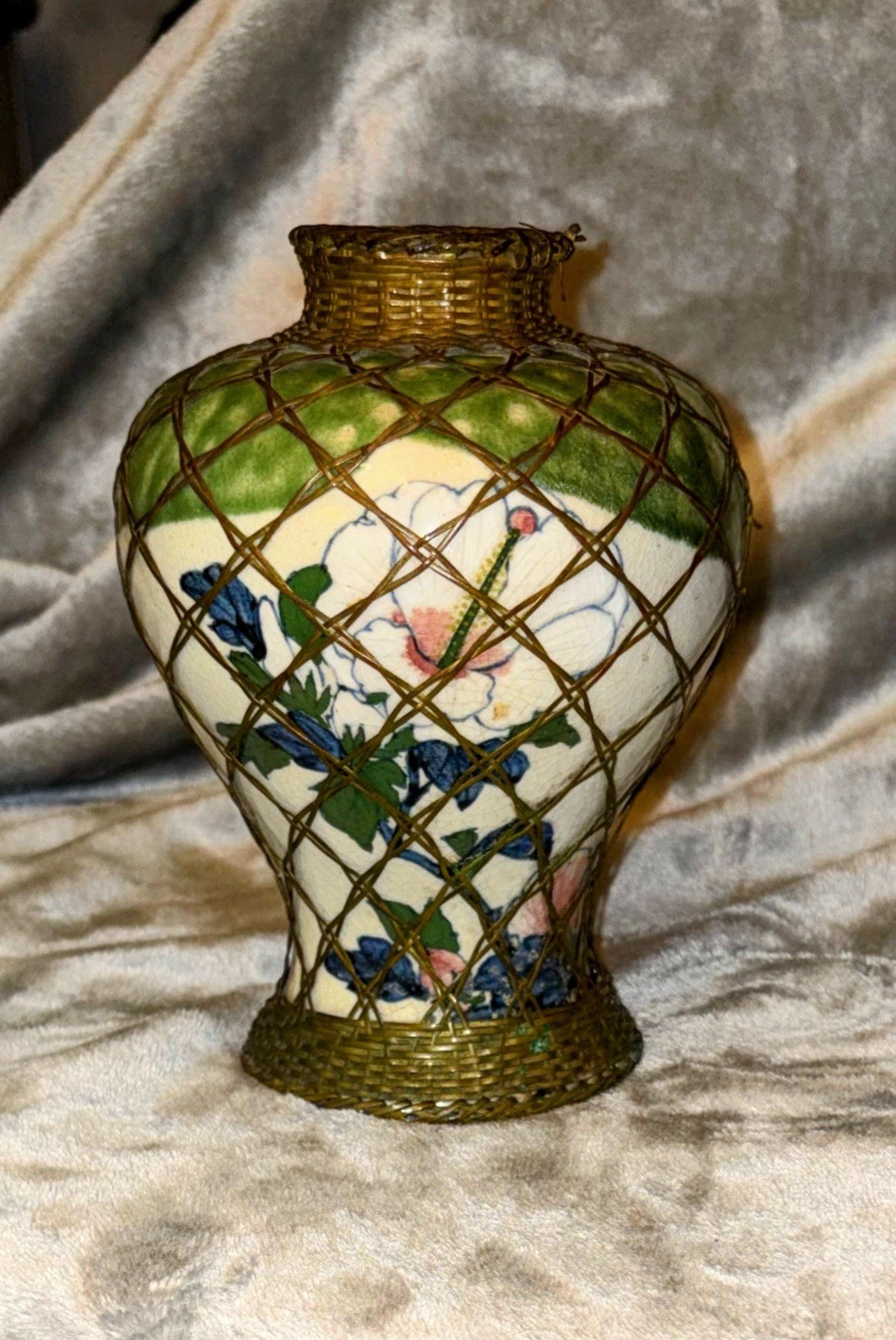 Japanese Rattan Lattice Wrapped Floral Vase- Awaji Pottery- Late Meiji/Taisho