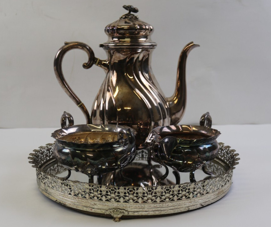 Vintage COHR/DANVAR Denmark Tea Kettle W/Cream & Sugar W/Tray, SEE PICS