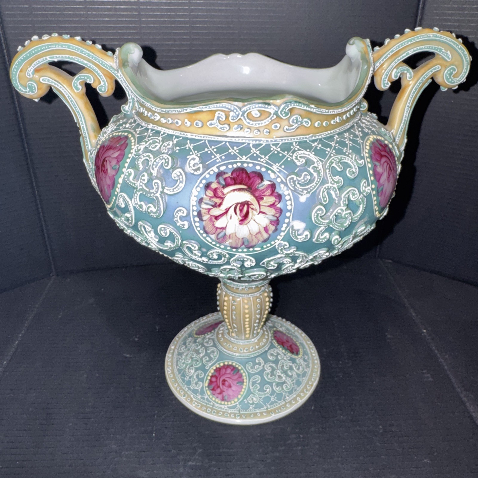 Antique Nippon-style Moriage Porcelain Footed Centerpiece Bowl with Roses