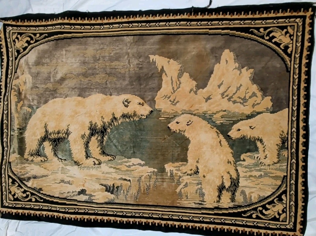 Vtg Polar Bear Tapestry Wall Hanging Rug Large 6×4 Feet Velour Mountain Retro