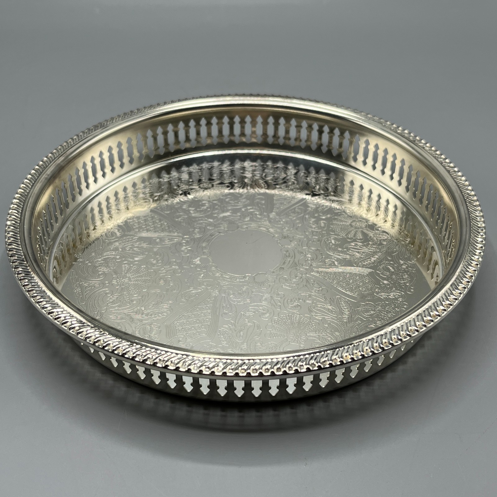 Vintage Silver Plated Gallery Tray Small Round Drinks Display Tray 23cm