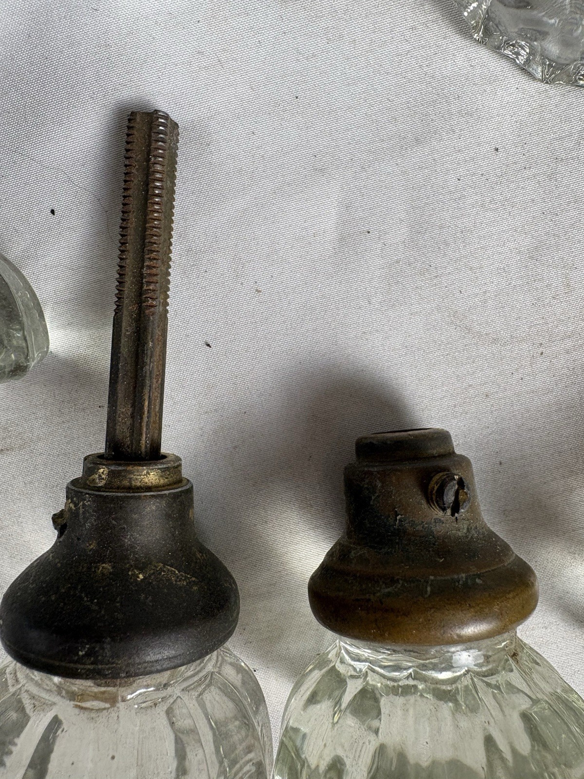 Lot Antique Pressed Glass Door Knobs w Spindles Mixed Finishes Brass Nickel Iron