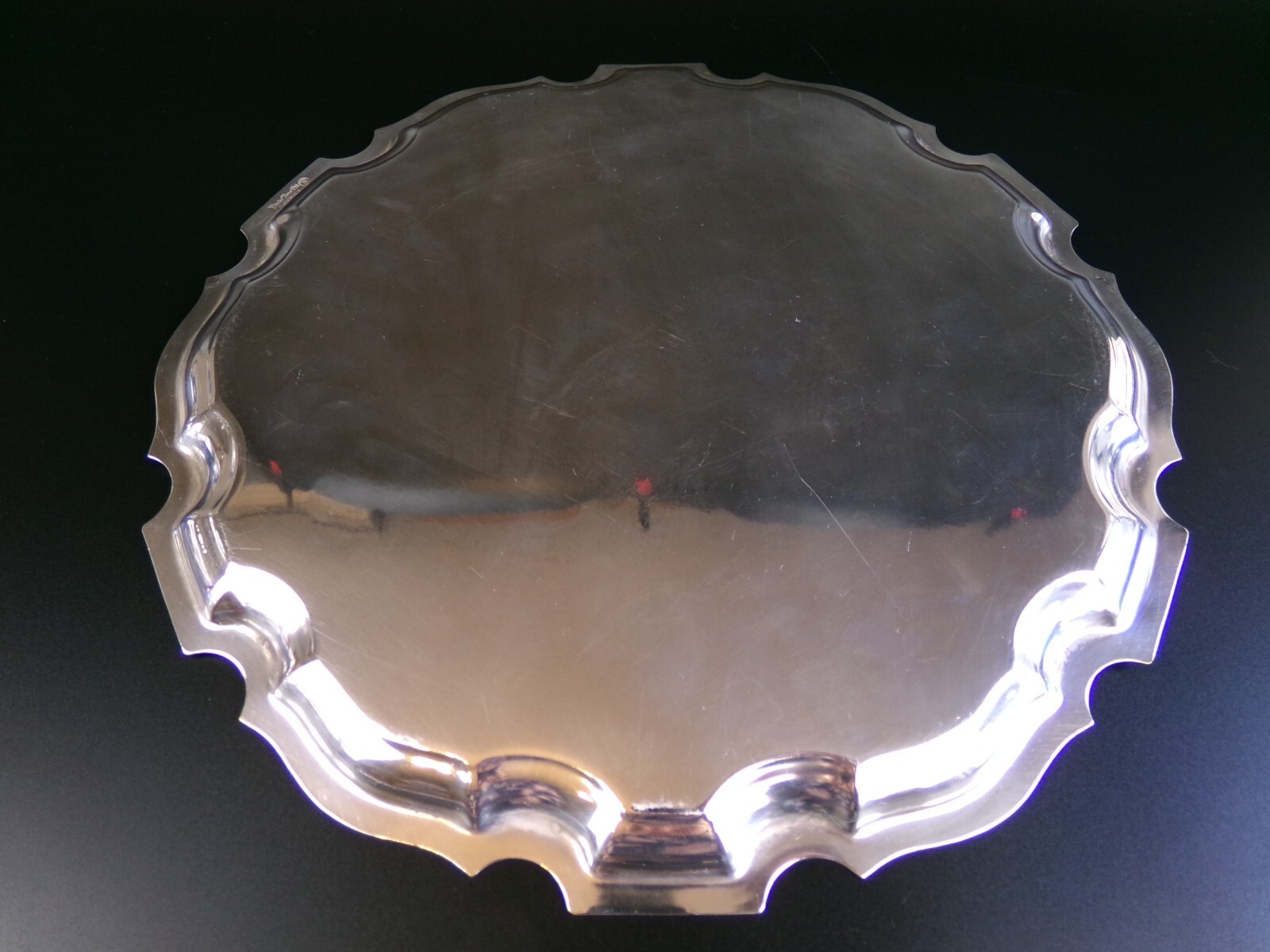 Silver Plated Serving Tray Salver. Round 12.5″. Chased Engraved. Drinks / Bar.