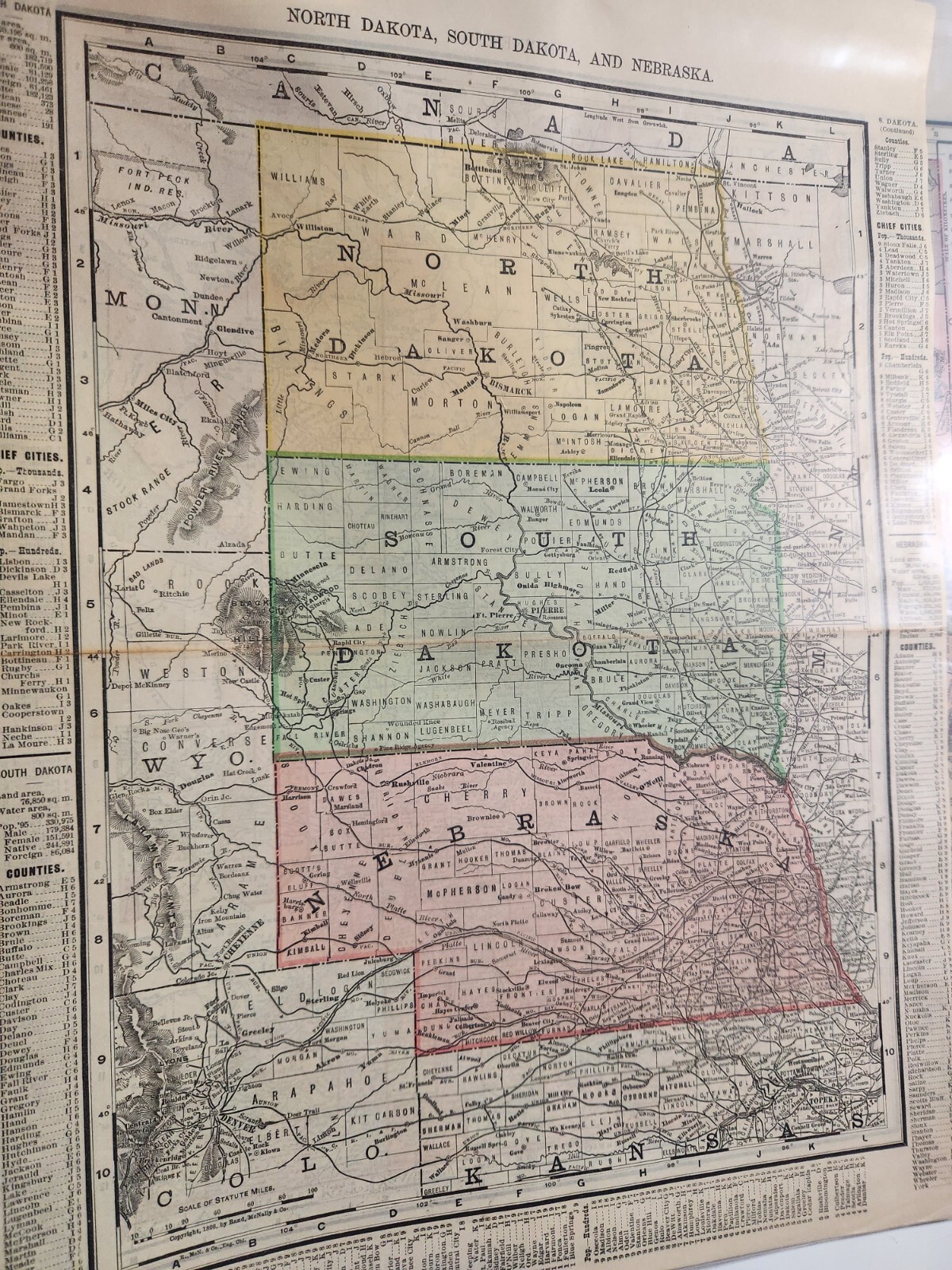 (-52) 1898 Map of Minnesota &South/South Dakota, Great for Framing, Excellent+