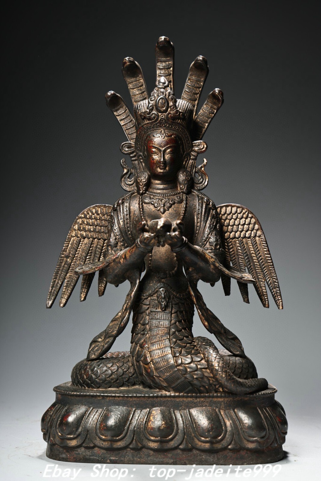 10.2″Collect Old Tibet Pure Bronze Gilt Buddhism 5-Heads Snake Naga Kanya Statue