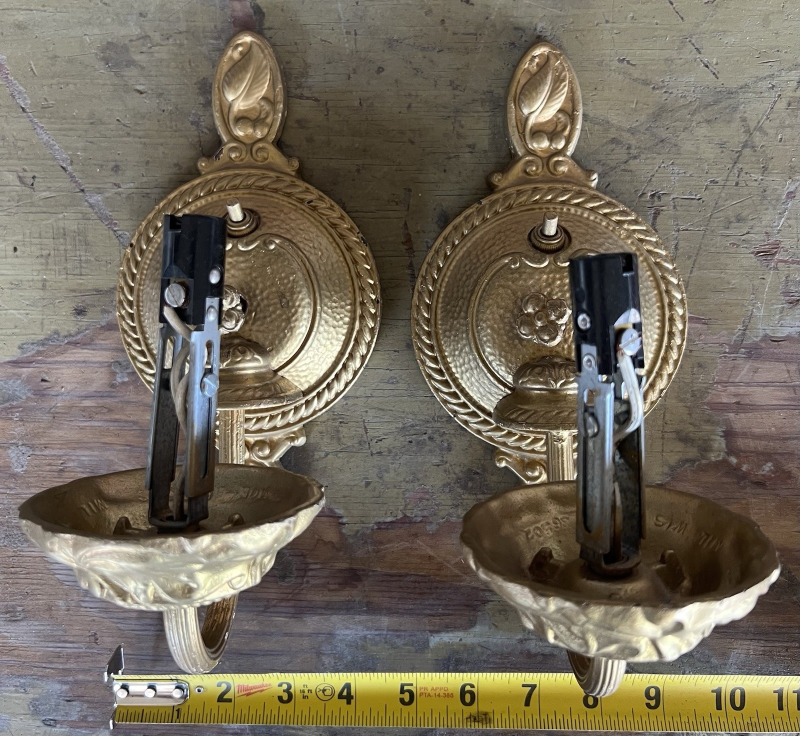 Vintage Pair of Moe Bridges Cast Iron Gilt Wall Sconces Electric Lights