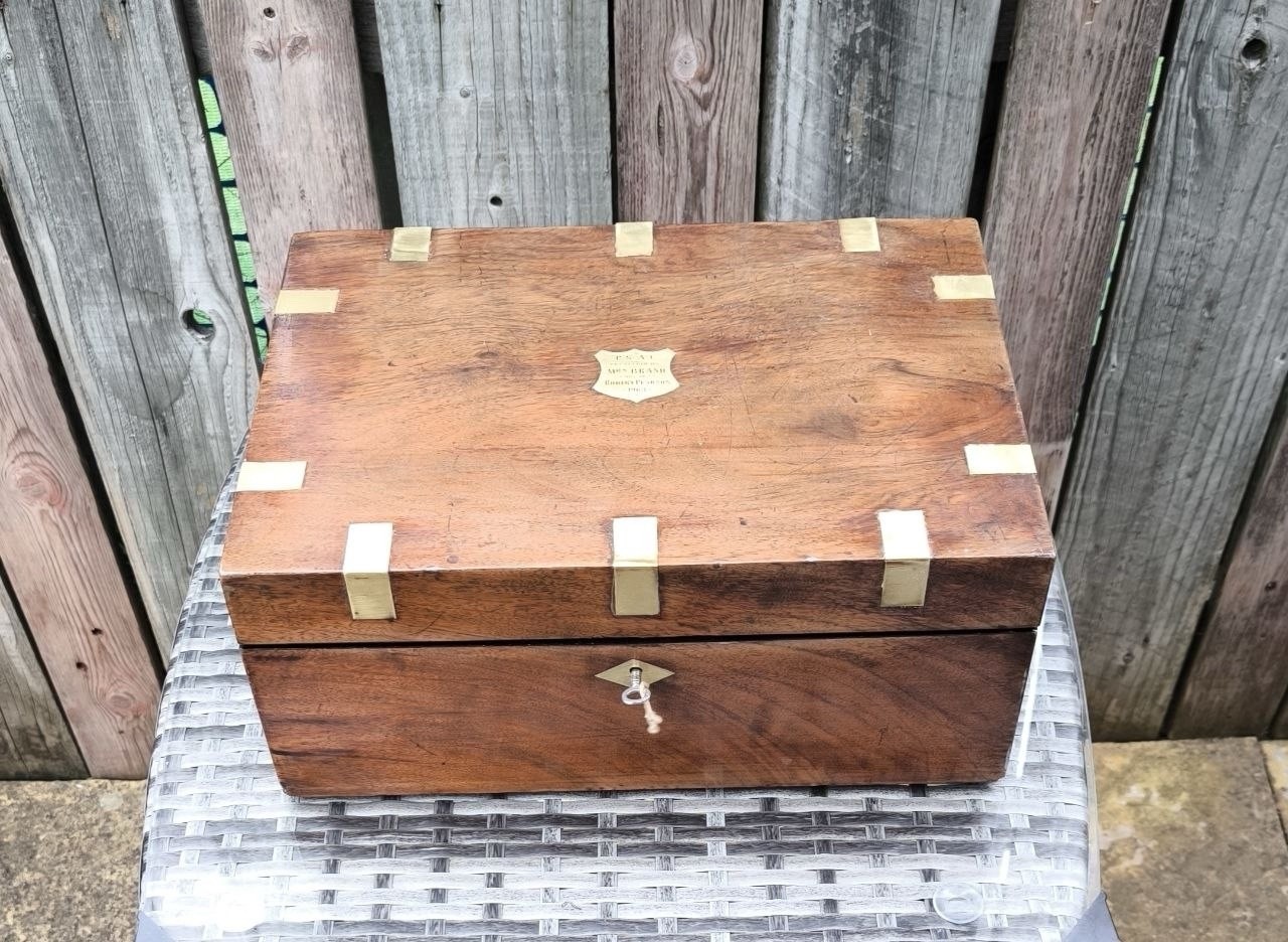 Antique Writing Slope Desk Box Brass Bound Presented Prize 1903