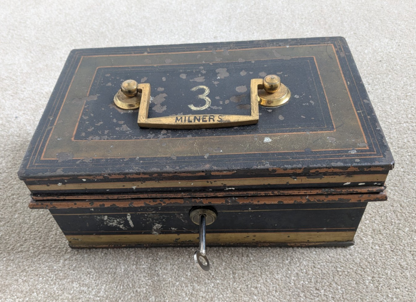 Antique Milners Strong Box Safe 3 Coin Compartment Cash Money Box
