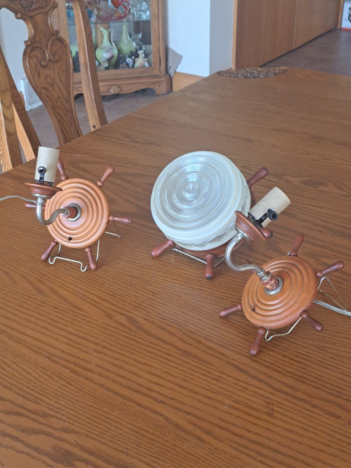 Nautical Boat Ships Wheel Ceiling Light Wall Fixture & 2 Matching Wall Sconces