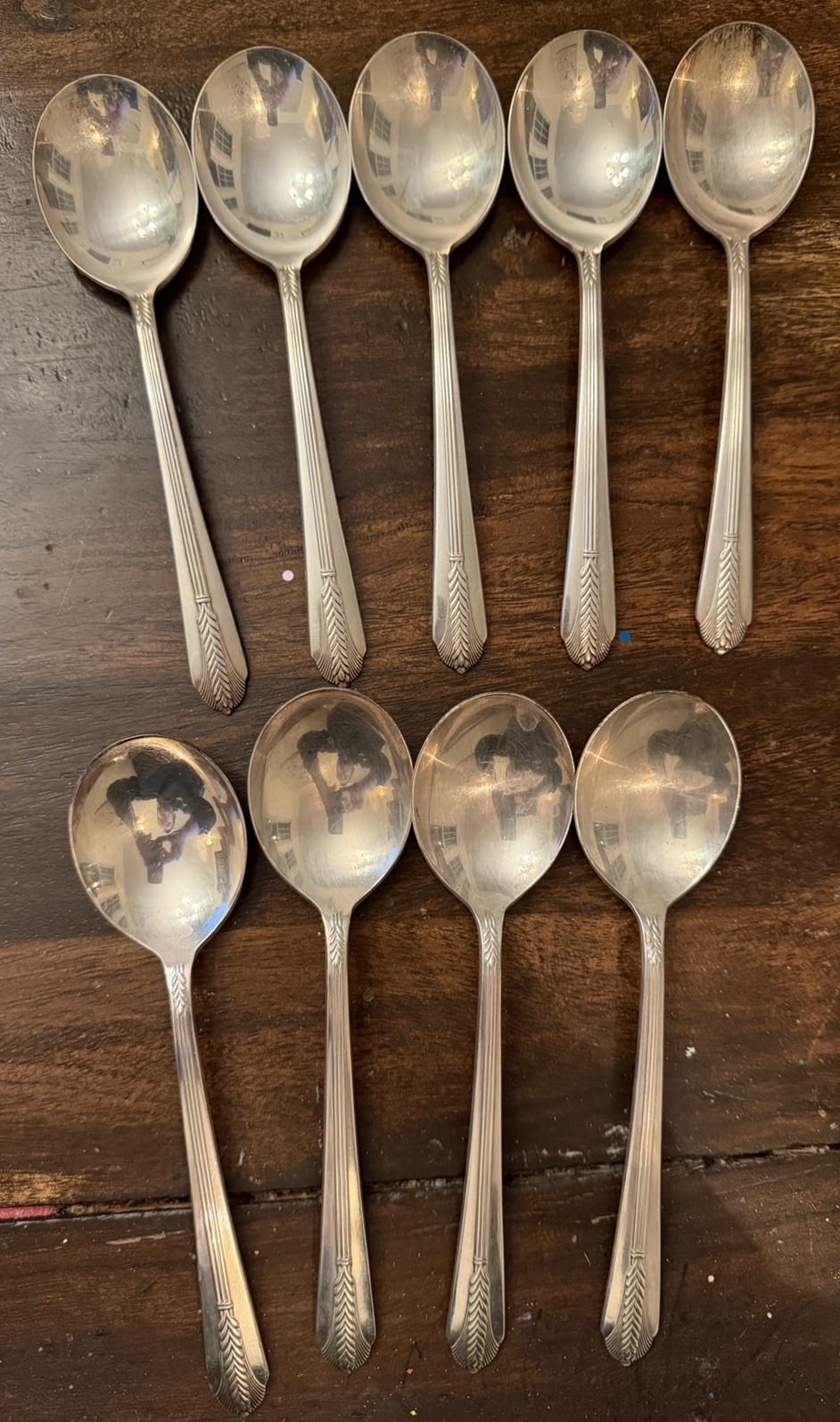 9 Wm Rogers Terrace Pattern Silverplate Soup Spoons 7” Art Deco IS Flatware