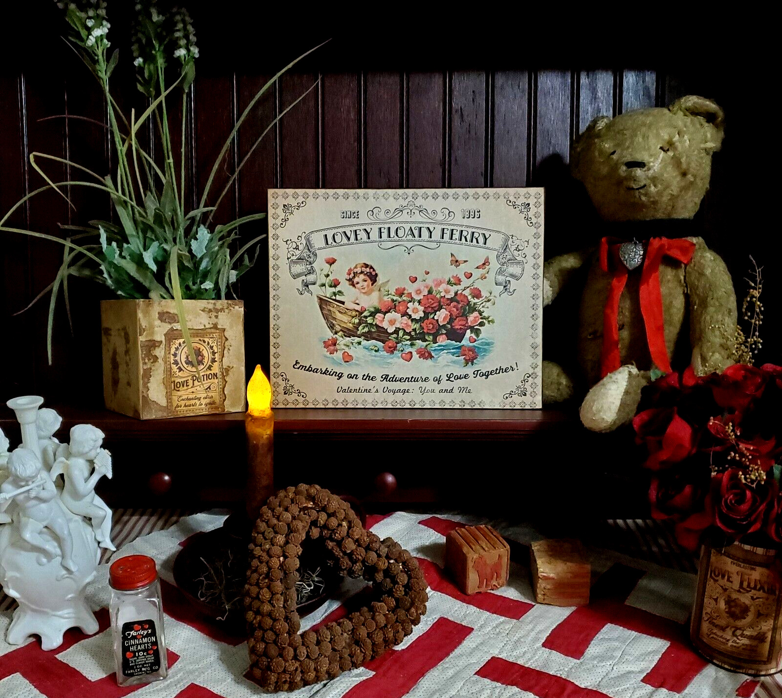 SHABBY VICTORIAN PRIMITIVE VINTAGE STYLE VALENTINE 1896 LOVEY FLOATY FERRY SIGN
