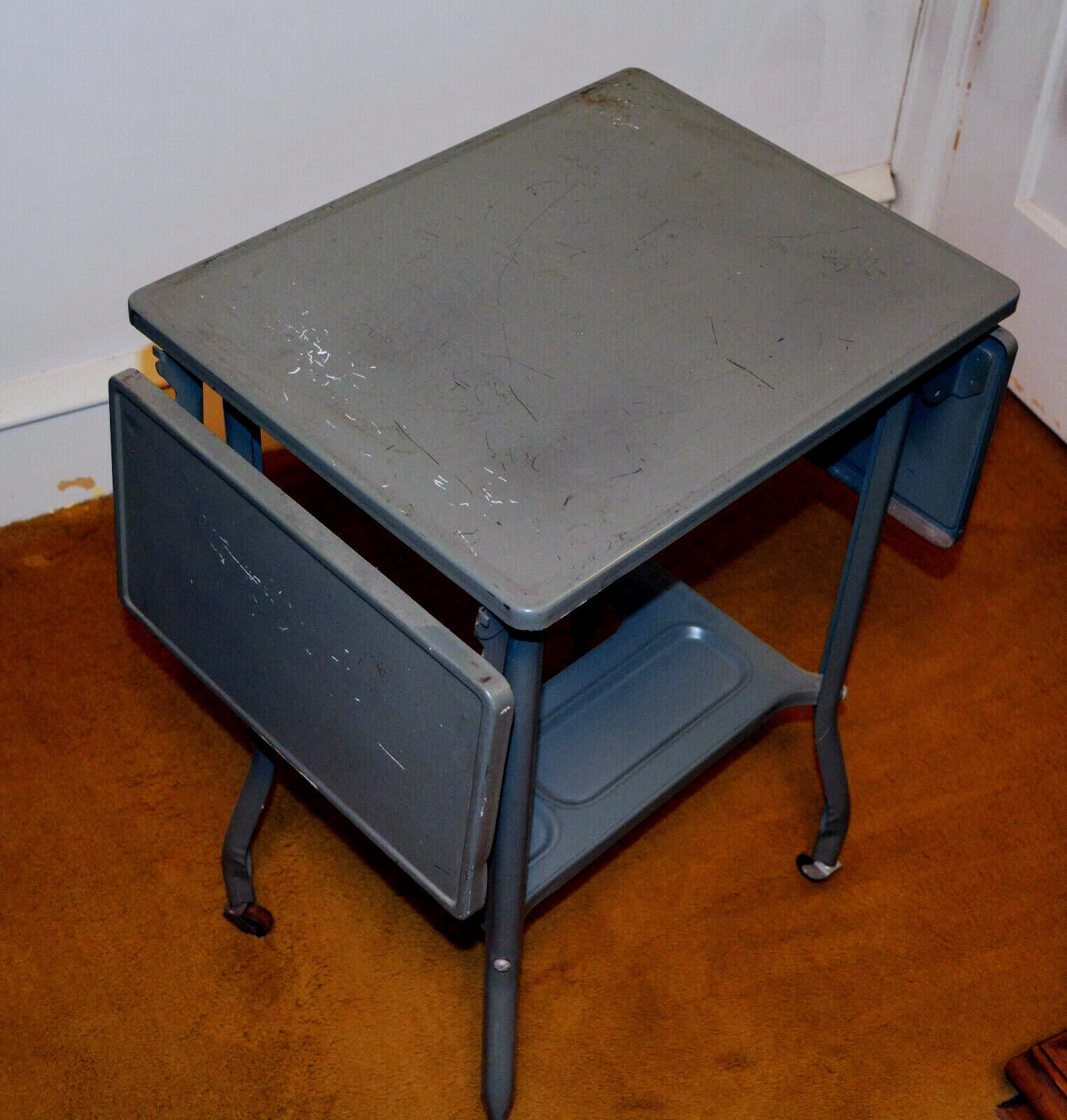 Vintage Metal Drop Leaf Typewriter Stand Table on Casters Gray