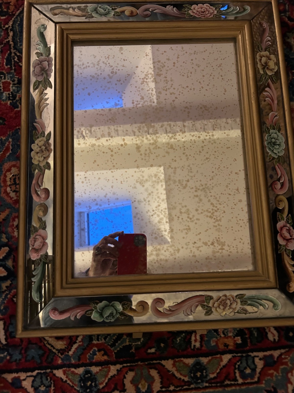 Italian 1940s Verre Eglomise Reverse Painted Mirror floral easel style AS IS