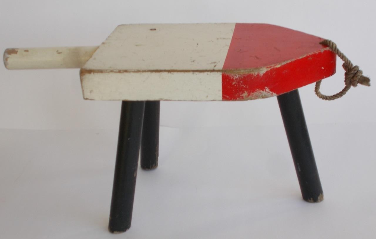 Vtg Childs Wooden Lobster Buoy Stool Seat Red White & Black Cottage Decor 8″Tall