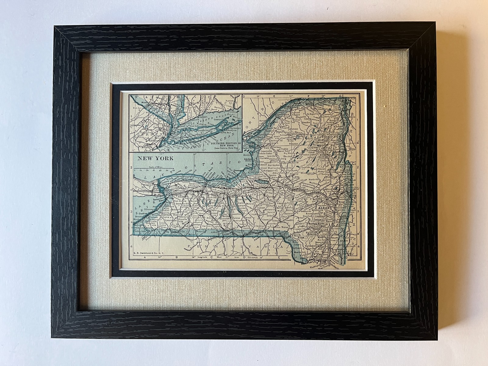 1934 “Blue” NEW YORK State Map by C.S. Hammond, Framed/Dbl Mat SEE DESCRIP