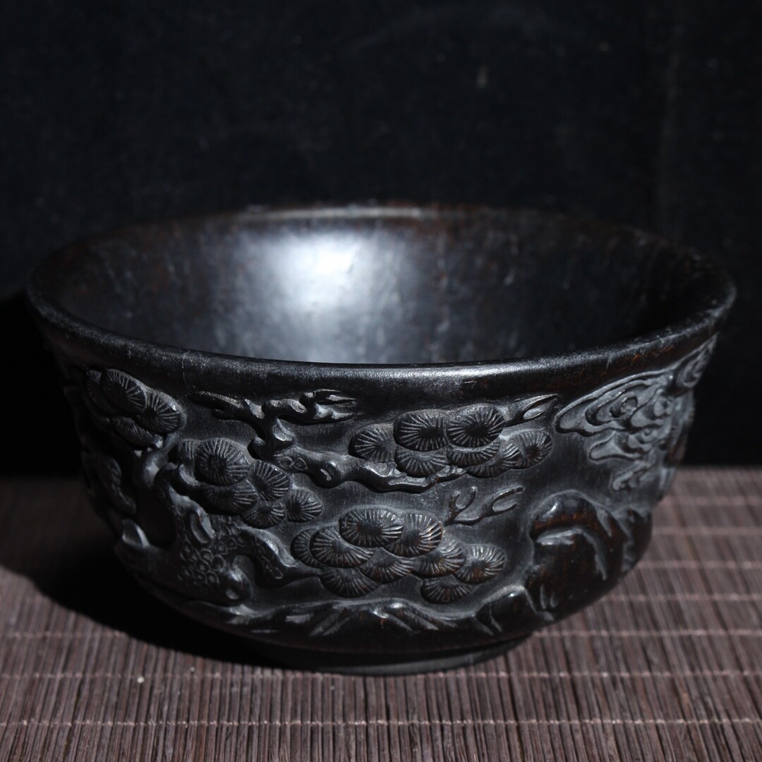 Collect noble Decor Exquisite Natural Ebony wood carved pine tree crane bowl