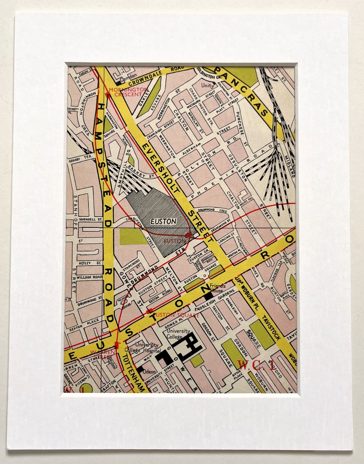 Vintage 1959 London Map – Mounted – EUSTON, MORNINGTON CRESCENT, TOTTENHAM CT RD