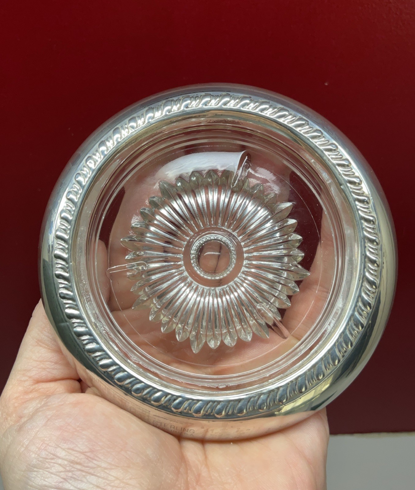 VTG Sterling Silver & Cut Glass Coaster 3.75” Outer Diameter 3” Inner Starburst