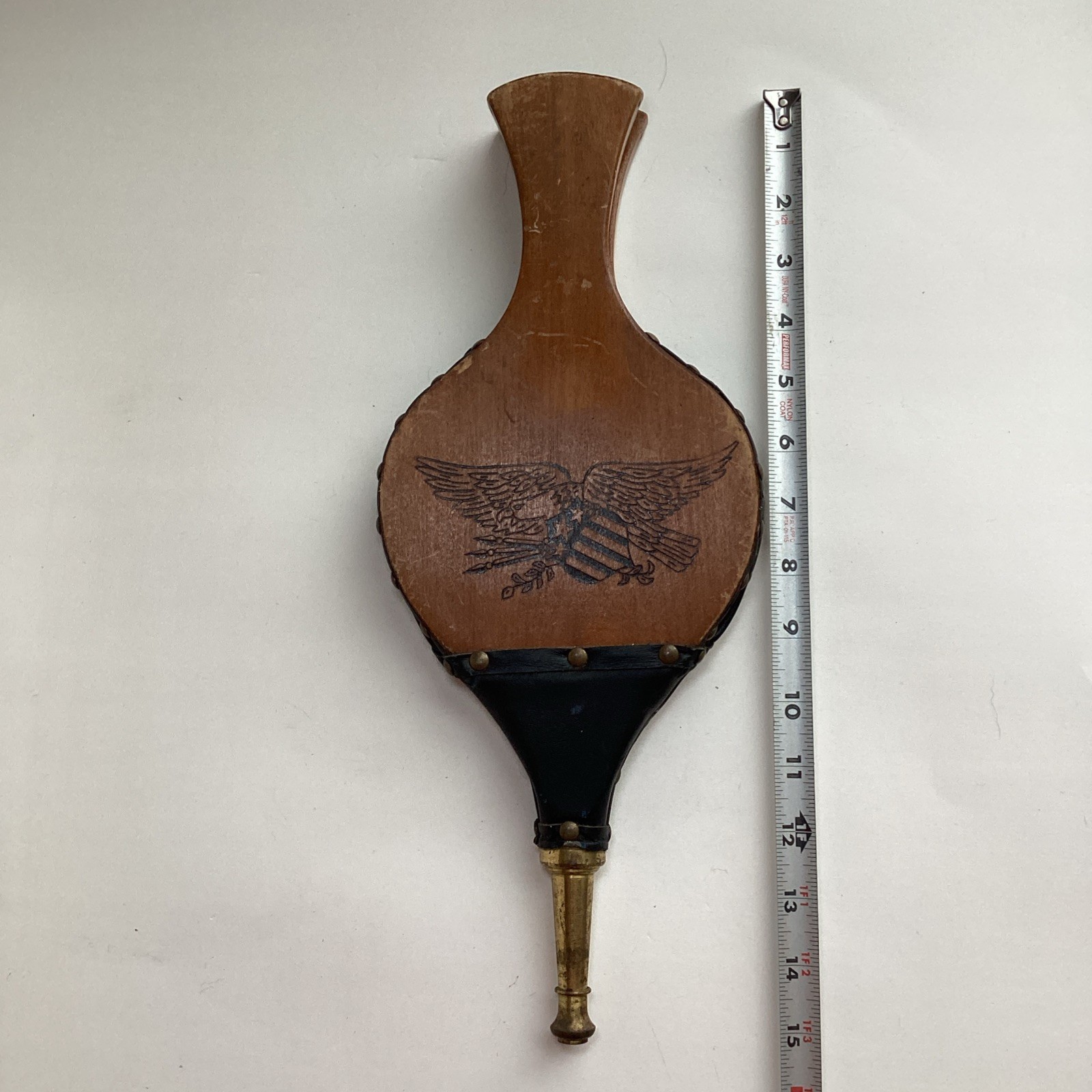 Vintage Fireplace Bellows American Eagle Wood Brass Leather Seymour Mfg 15” Tool