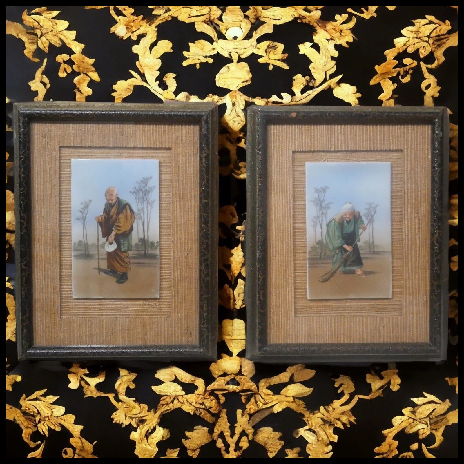 Pair Vintage Saito Hodo Japanese Porcelain Plaques – Hand-Painted Man & Woman