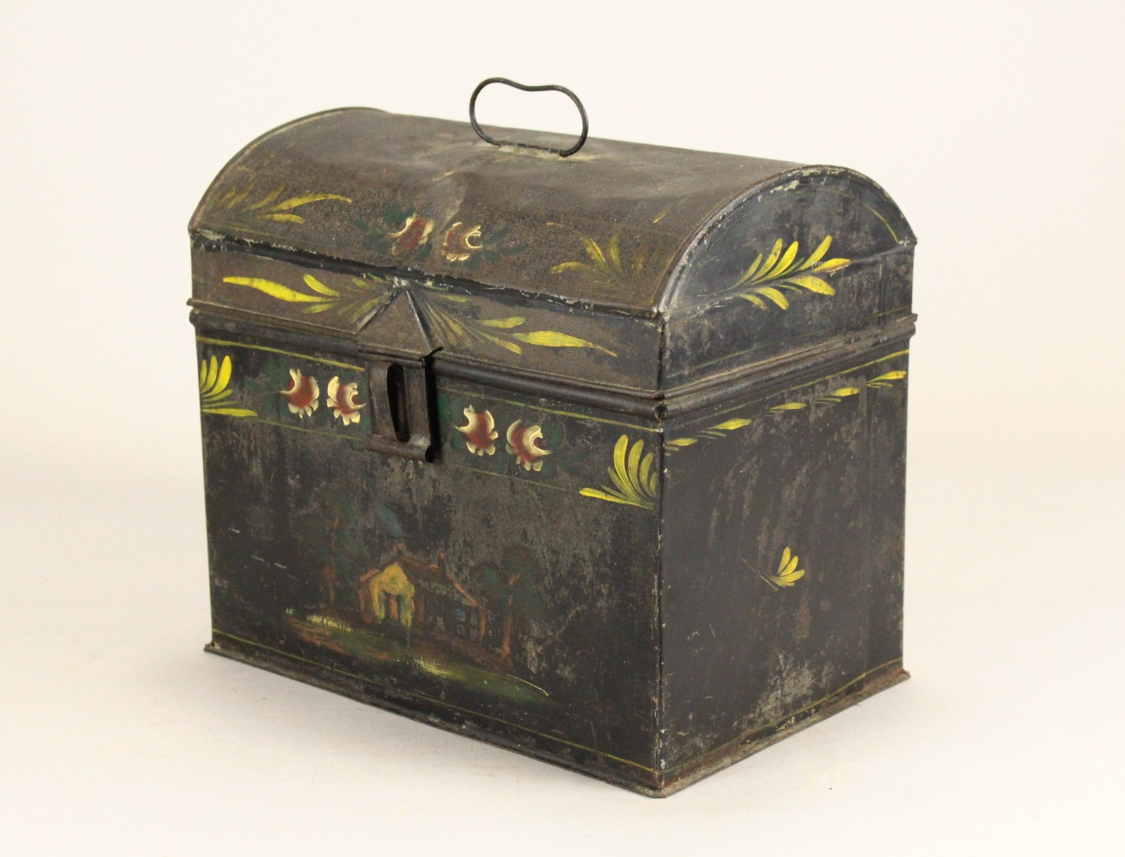 = 1850’s Tin Toleware Chest Box w Latch Hand Painted, Pennsylvania Folk Art