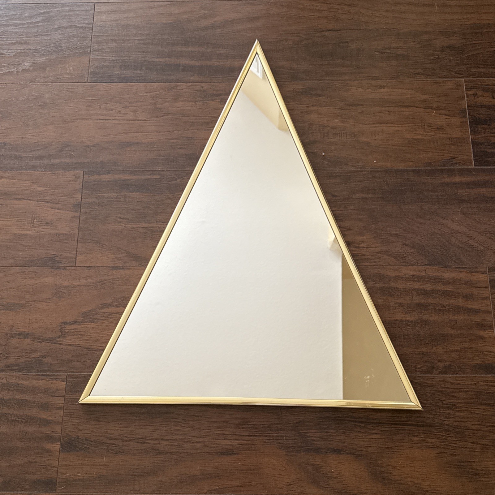 Vtg MCM Triangular Mirror With Gold Colored Metal Frame; Handmade Framing; 24” H