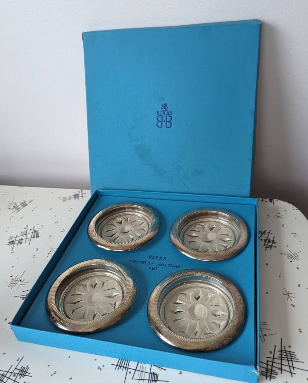 Vintage Mid Century Modern Silver Plated Coasters or Ashtrays In Birks Box