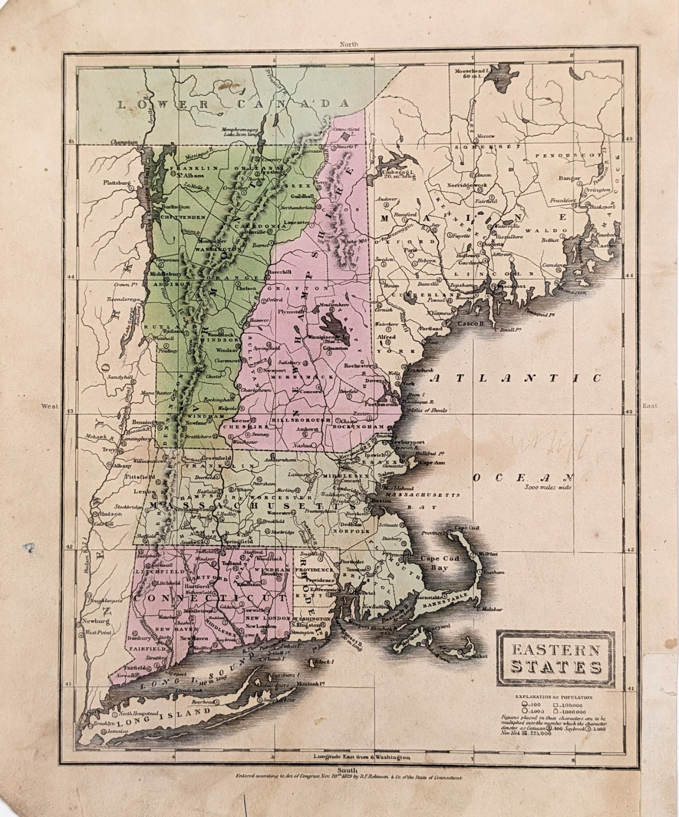 1829 Map VERMONT MAINE MASSACHUSETTS NEW HAMPSHIRE CONNECTICUT RHODE ISLAND