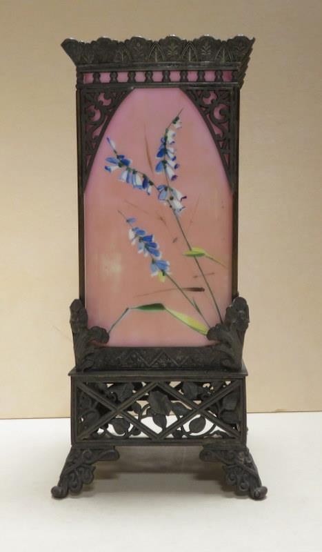 Antique Viennese Enamel & Porcelain Panel Vase w/ Metal Frame