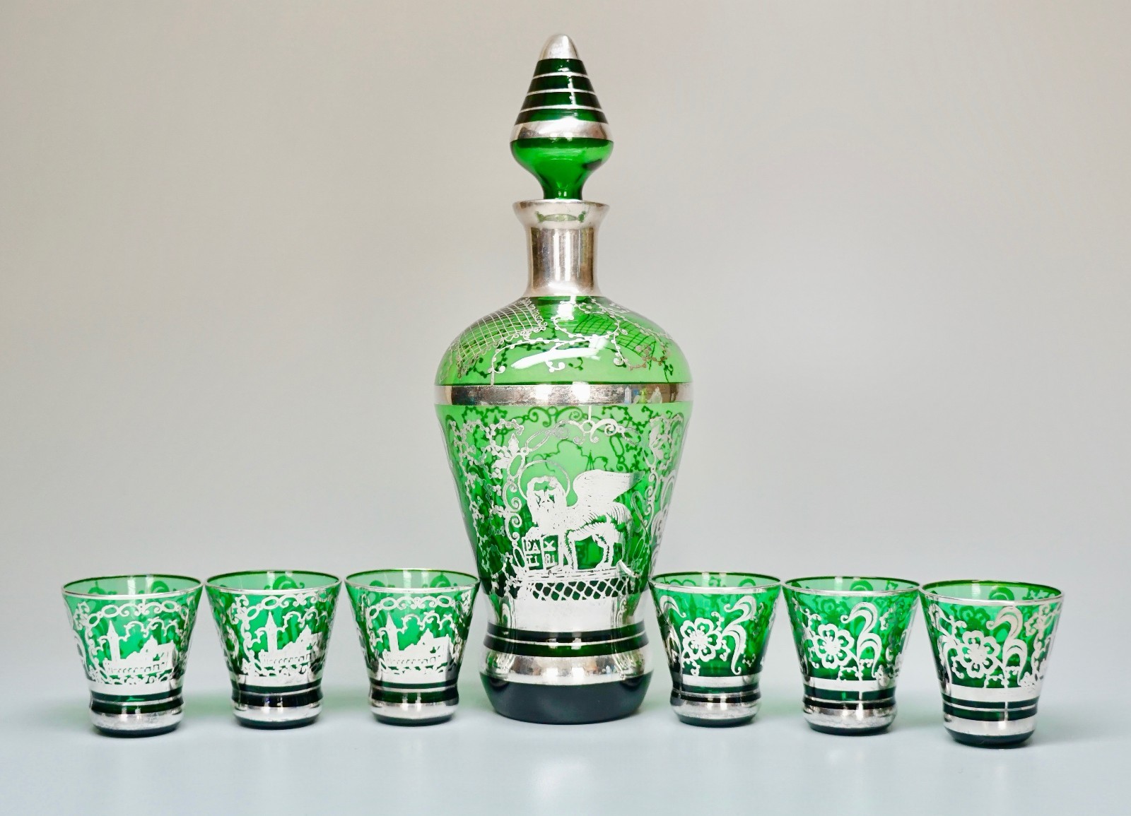 Antique Silver Overlay Green Glass Decanter + 6 Glasses Venice Winged Lion 10.5″