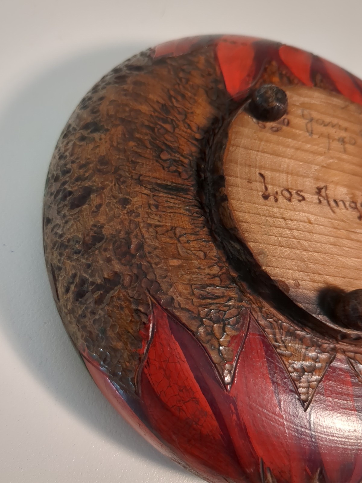 Antique Early 1900’s Pyrography Flemish Folk Art Wood Poinsetta Bowl Los Angeles