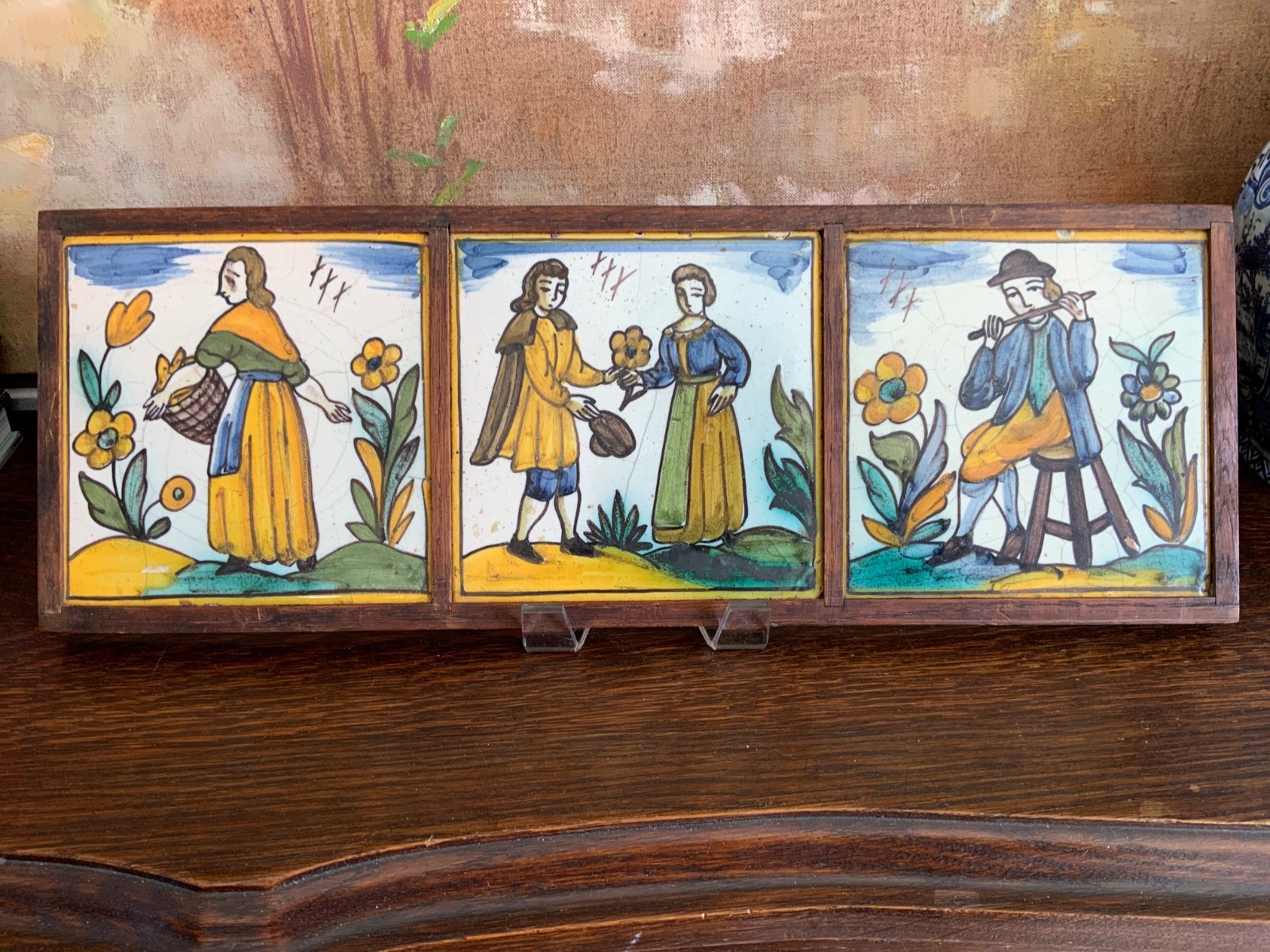 French Antique Hand Painted Faience Tiles Set/3 Framed Circa 1920
