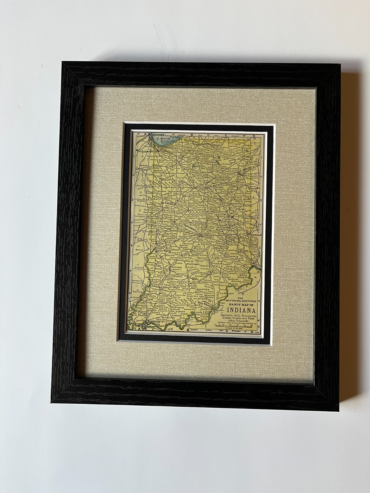 1898 INDIANA State Map by Matthews-Northrup, Framed w/Dbl Mat SEE DESCRIP