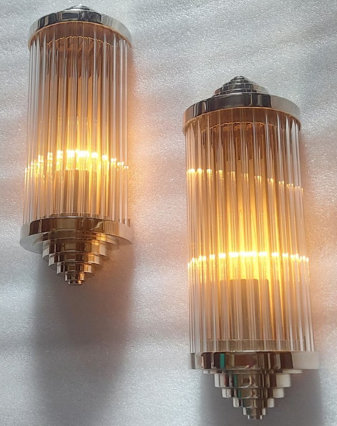 Pair Skyscraper Art Deco Vintage Wall Sconces Nickel Brass Glass Rod Ship Light