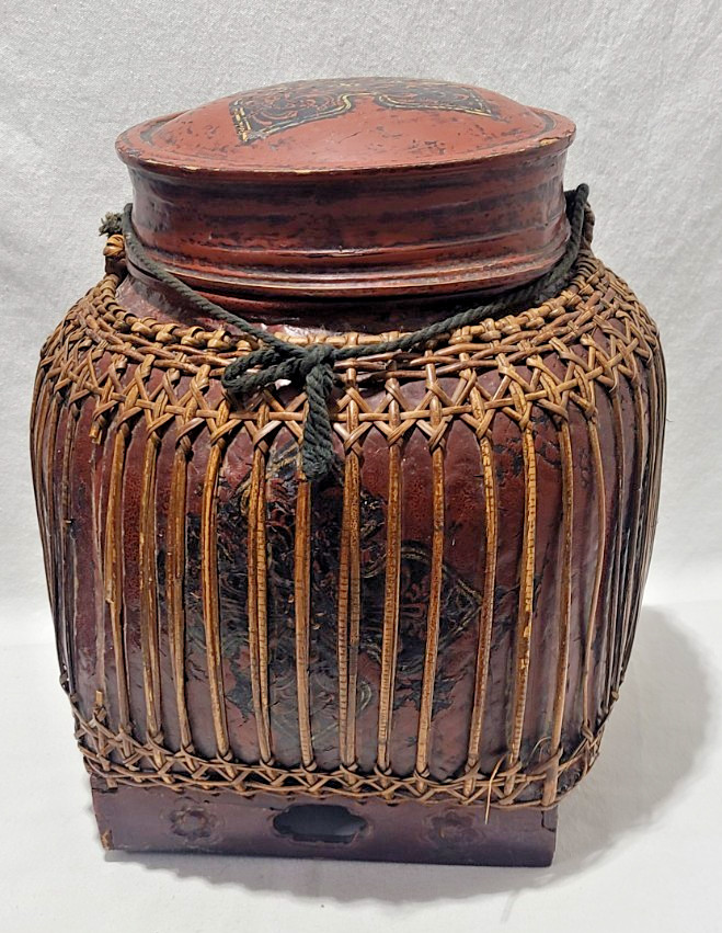 Vintage Decorative Thai Rice lacquered bamboo lidded rice basket