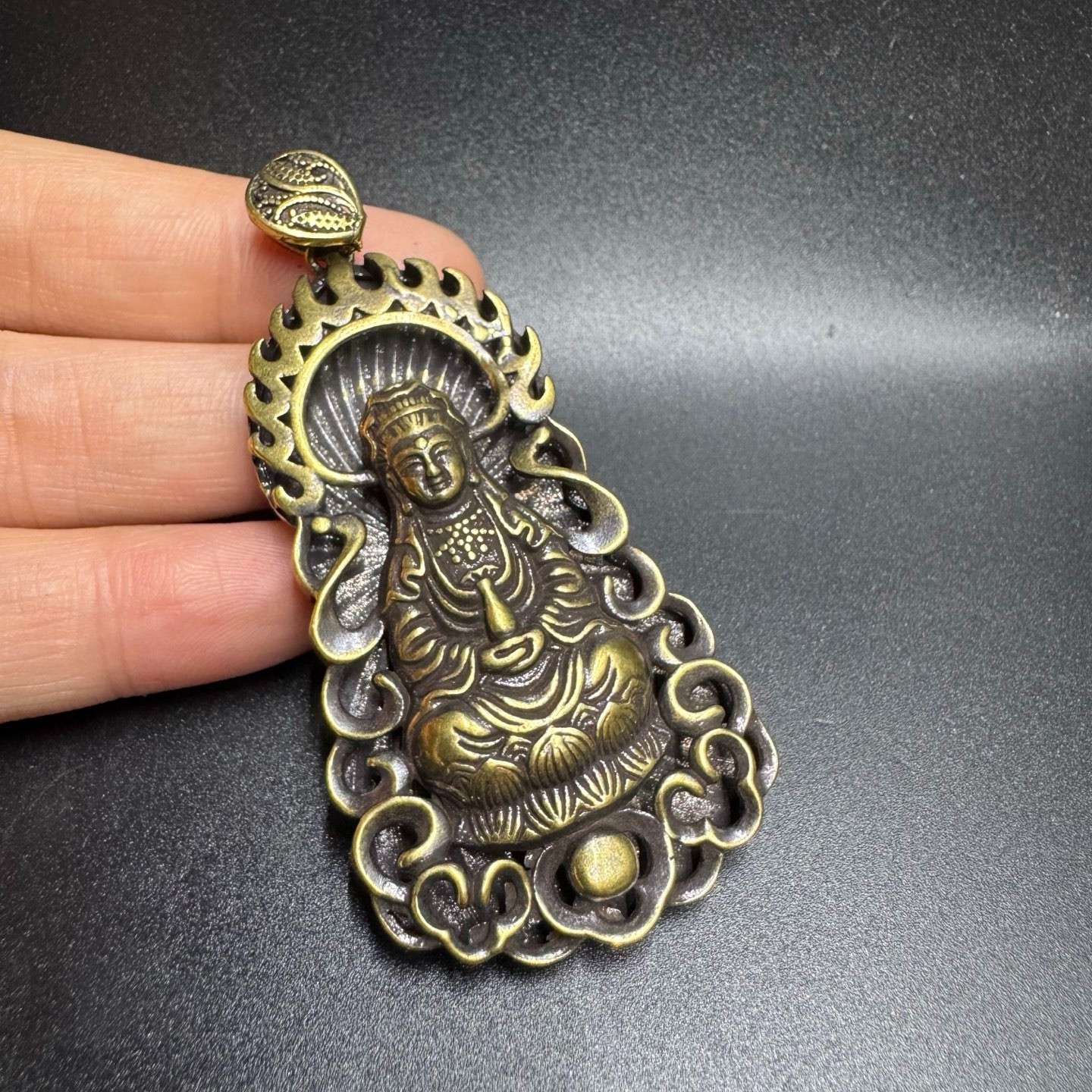 Vintage Brass Openwork Kwan Yin Pendant Guanyin Buddha Peace Blessing Amulet