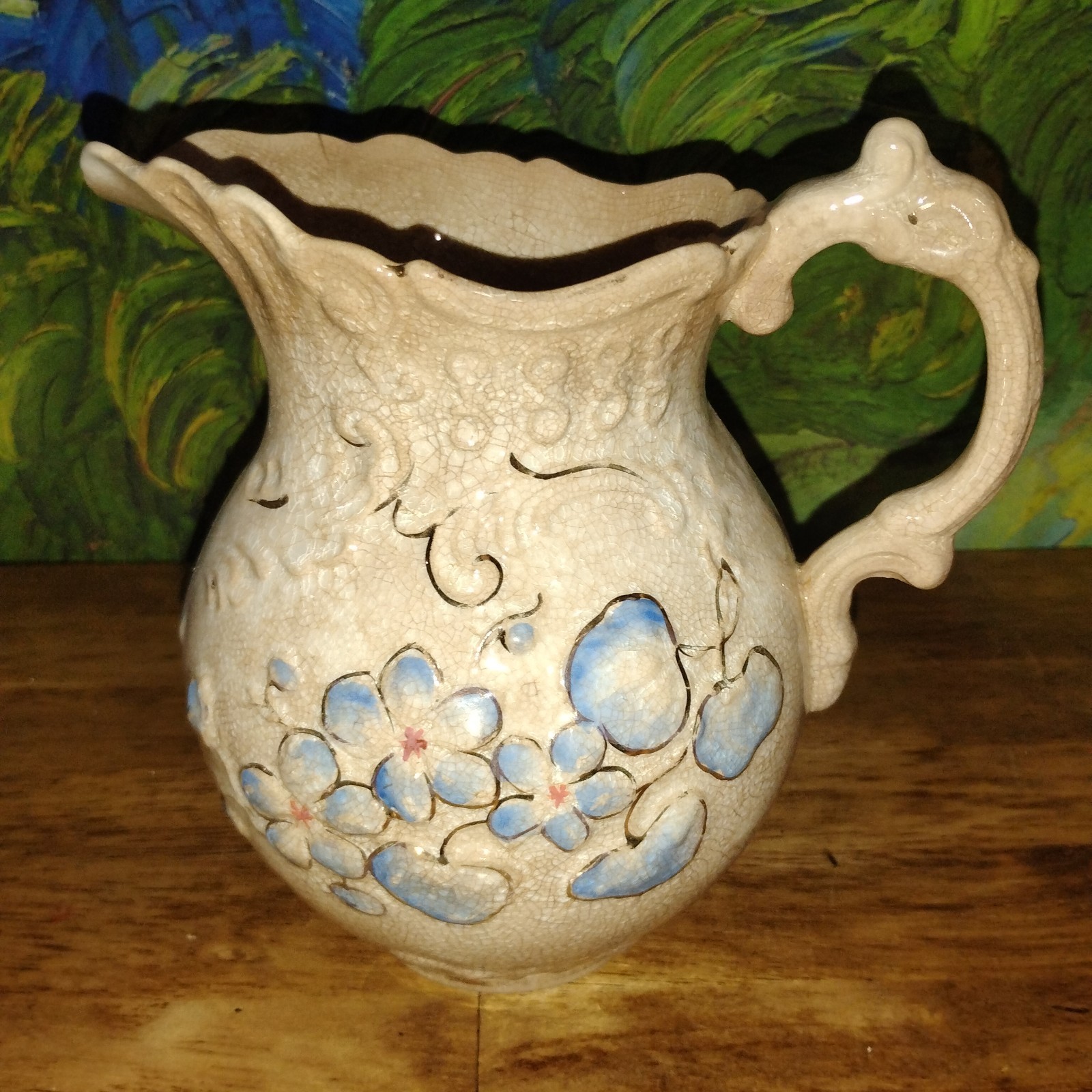 Antique Wheeling Pottery Vase Or Pitcher. Blue & Cream Floral. Gold Trim. 3D