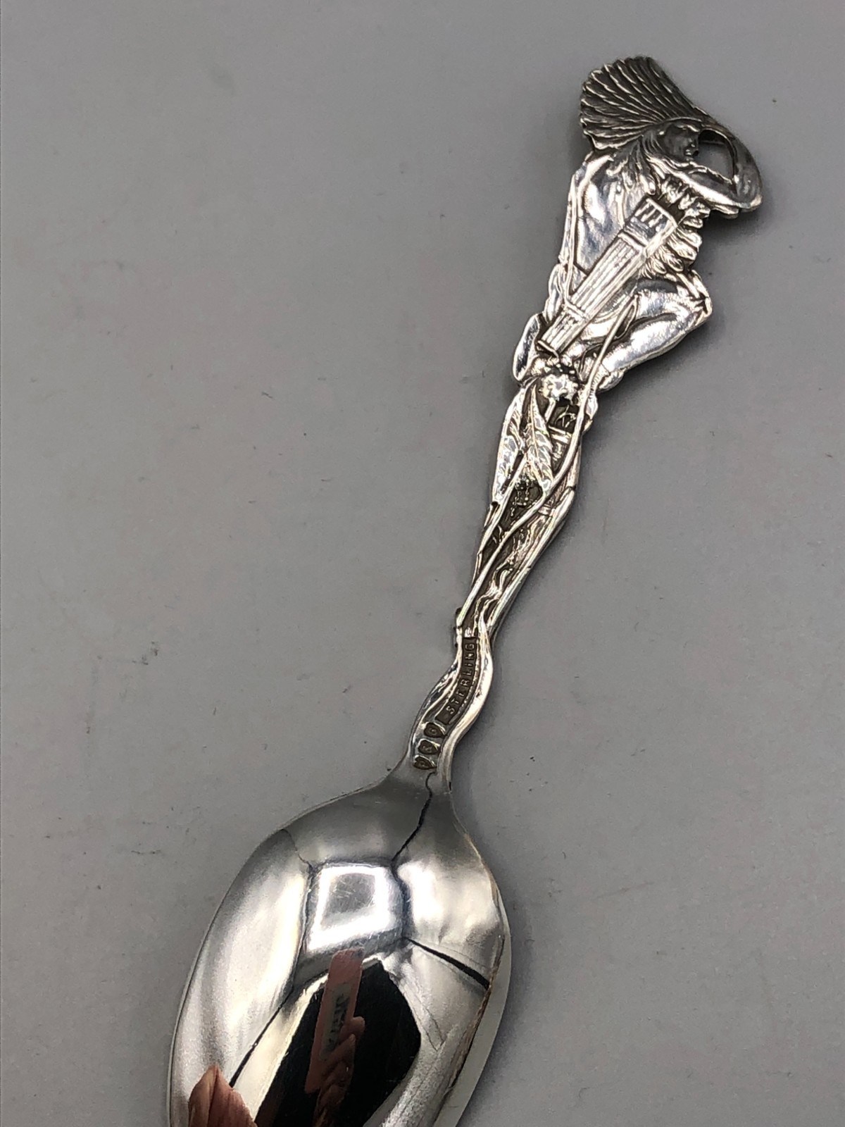 Spokane, Washington sterling silver souvenir spoon, 5 3/8″, American Indian