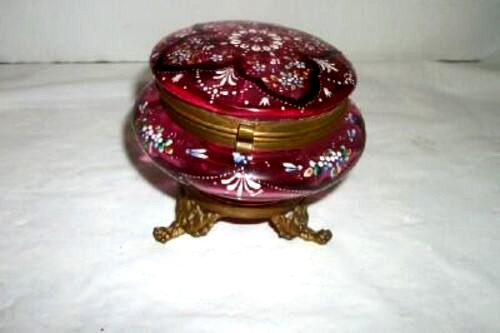 Victorian Moser Bohemian Glass Bronze Casket Antique HP Cranberry Glass 1890s