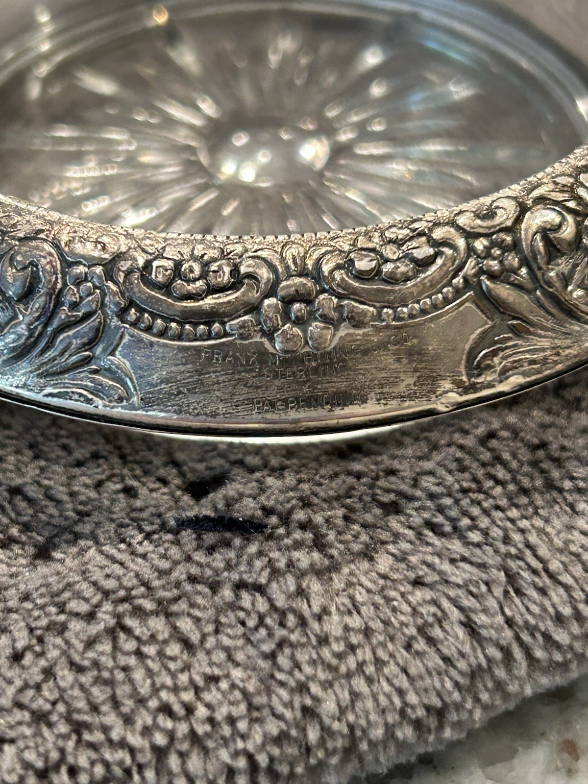 Vintage Botticelli Pattern Frank M Whiting Sterling Silver Glass Coasters. Two.