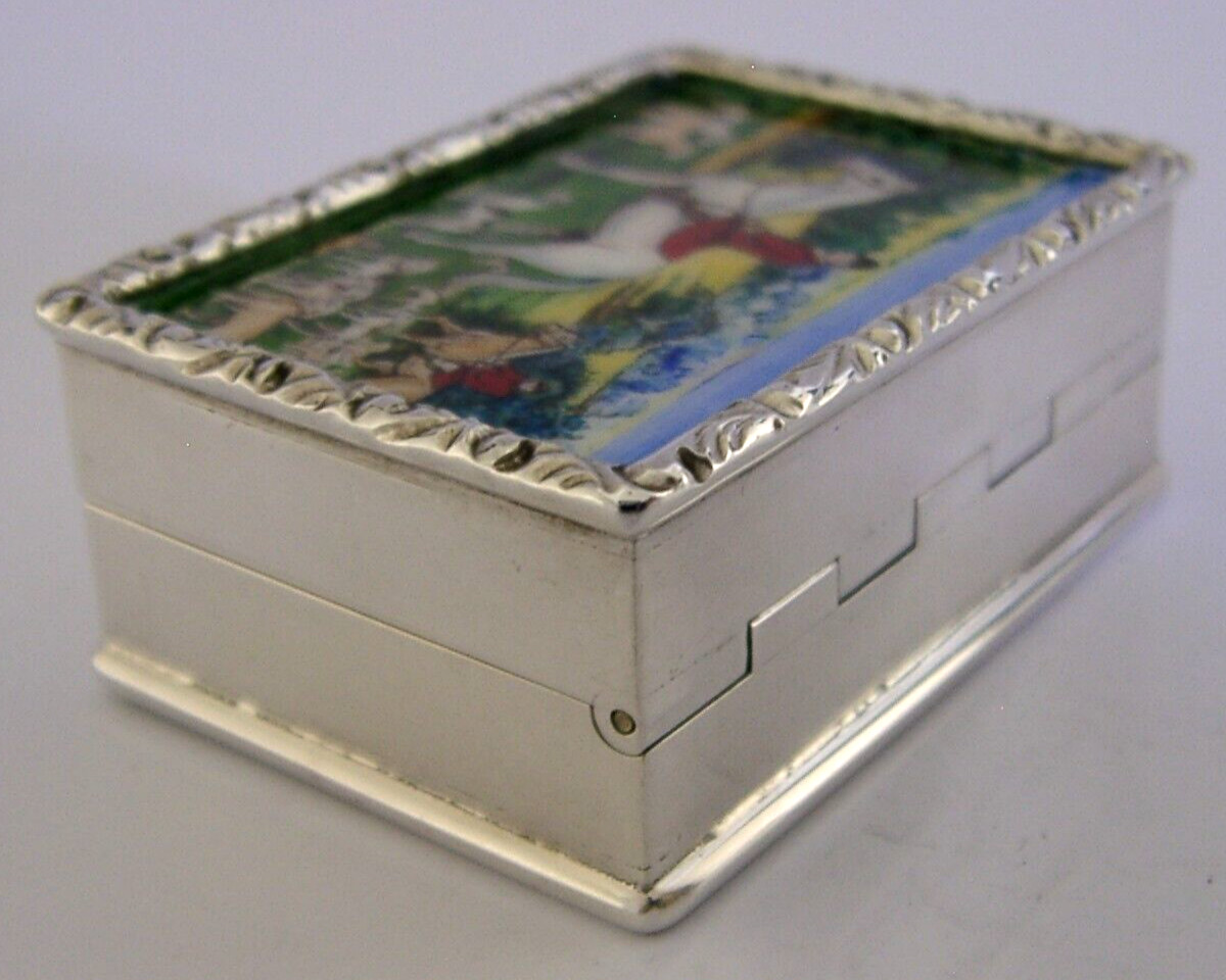 ENGLISH STERLING SILVER ENAMEL FOX HUNTING BOX 1988