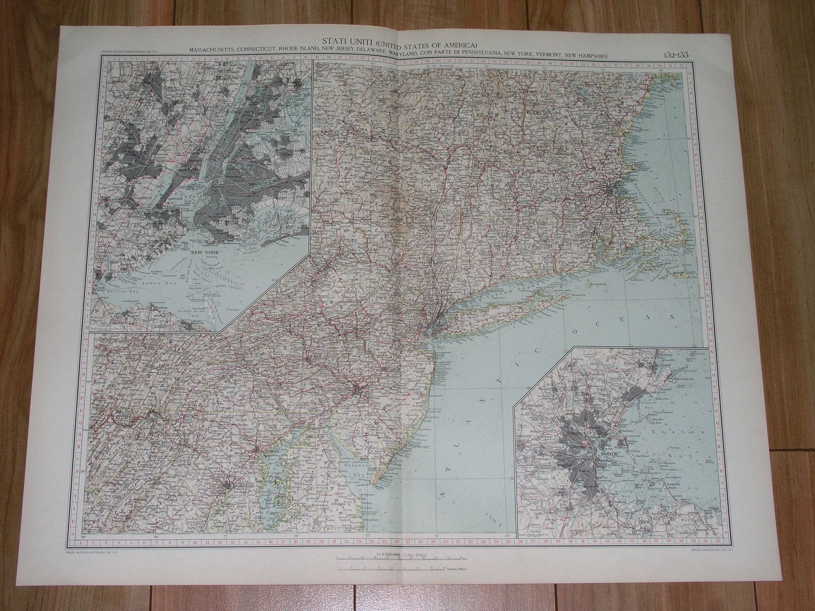 1927 MAP OF NE USA NEW YORK BOSTON INSET MAP MASSACHUSETTS MARYLAND NEW JERSEY