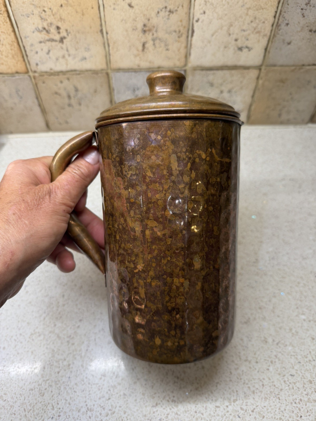 Lovely Antique Hammered Copper Jug / Pitcher and Lid