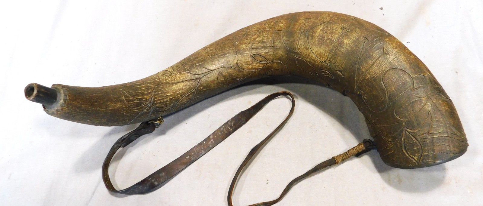 Antique Carved Powder Horn James Perkins Guilford CT Dated May 1852 Folk Art