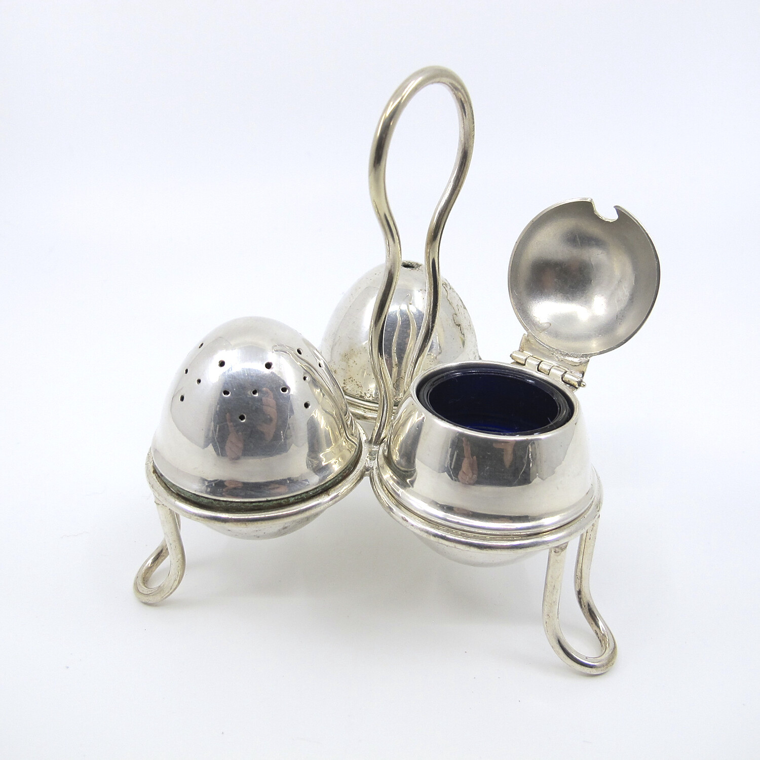 JOHN BIGGIN c1919 APEX EPNS Silverplate Salt Pepper Mustard Set & Holder Cobalt