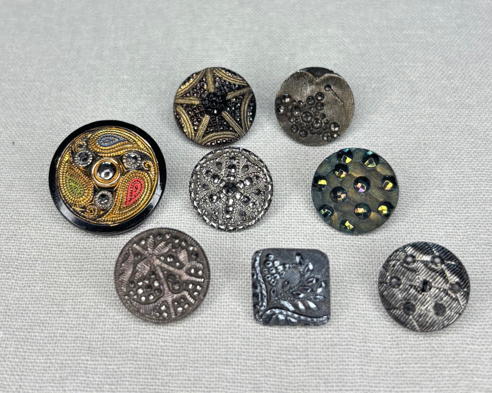 Lot of 8 Antique Vintage Silver & Gold Luster Incised Black Glass Buttons