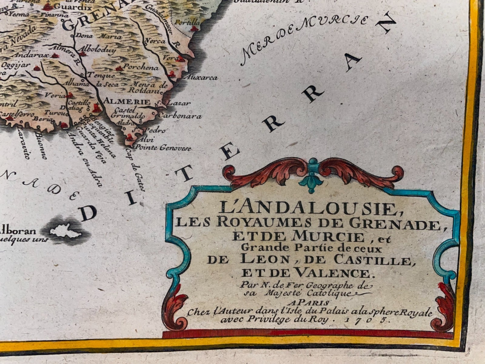ANDALUSIA SPAIN DATED 1705 NICOLAS DE FER ANTIQUE ENGRAVED MAP 18TH CENTURY